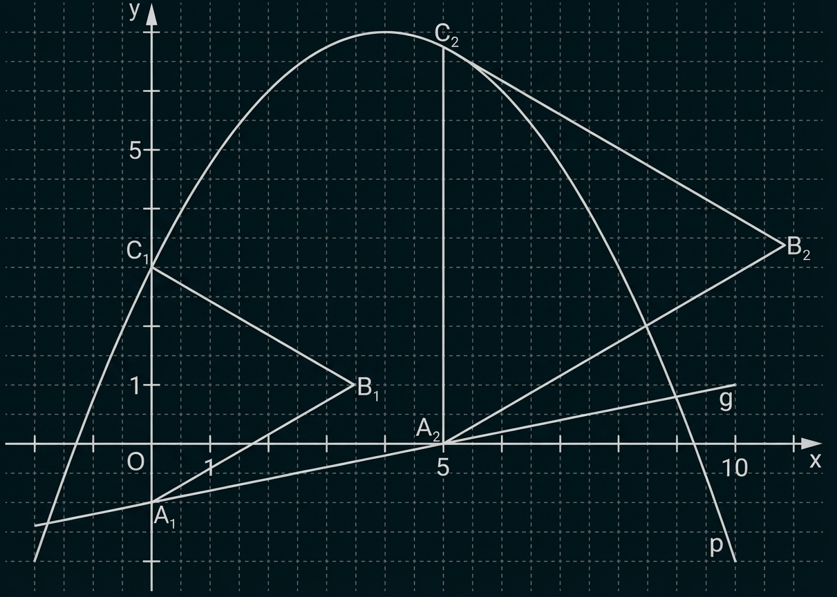 Koordinatensystem mit Parabel, markierten Punkten A1,A2,B1,B2,C1,C2 sowie Geraden und Dreiecken auf kariertem Gitter